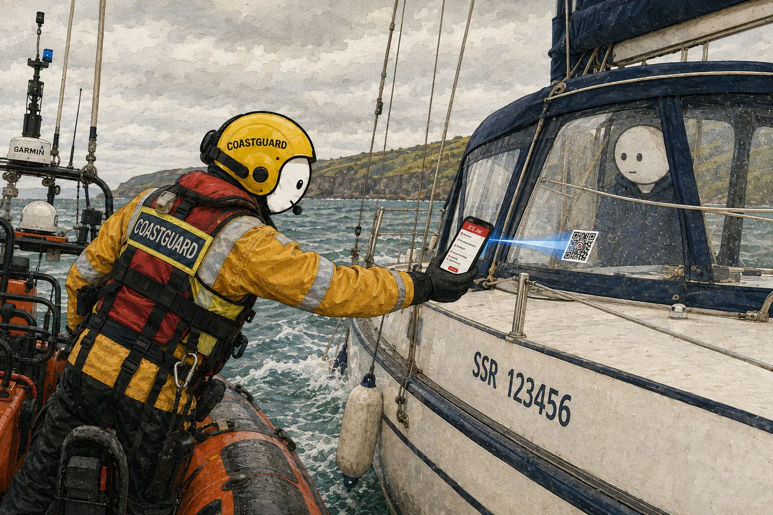 A HM Coastguard officer in a yellow helmet leaning from a rigid inflatable lifeboat to scan a QR code on a yacht's cockpit windscreen with a phone, glowing blue beam connecting phone to code, the yacht's hull showing a visible registration number, overcast coastal water behind them